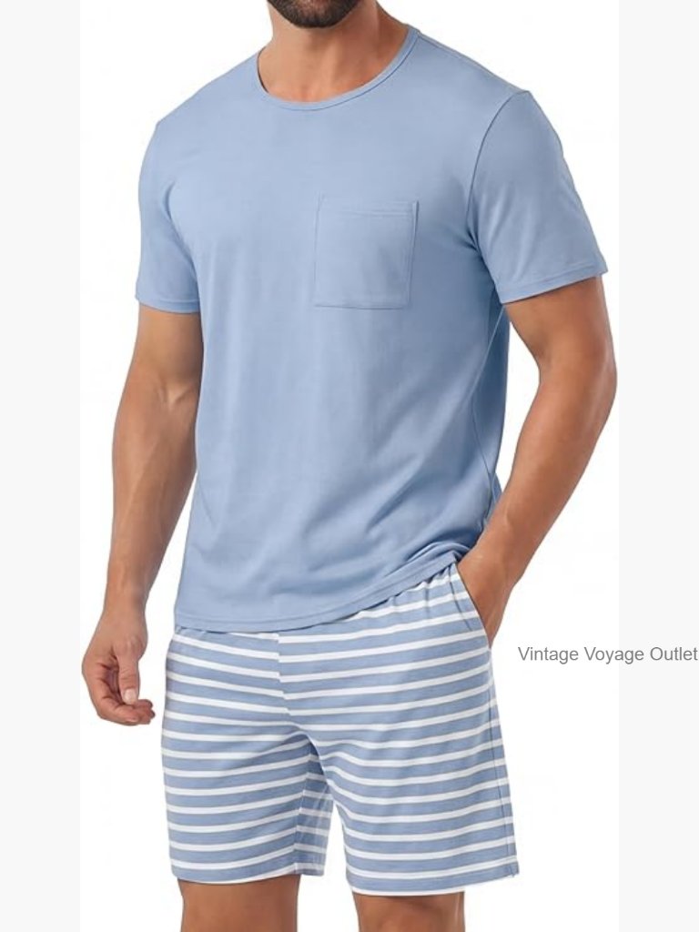 Men's Short Sleeve Pajama Set 2 Piece Comfy Sleepwear Henley Pjs With Pockets
